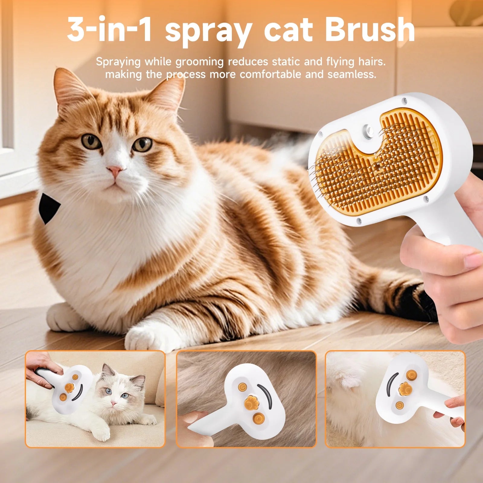 Pet Steam Brush for Dog & Cat - 3-In-1 Steam Grooming Brush for Shedding & Hair Removal - Self Cleaning Spray Comb with Mist for Long Haired Pets