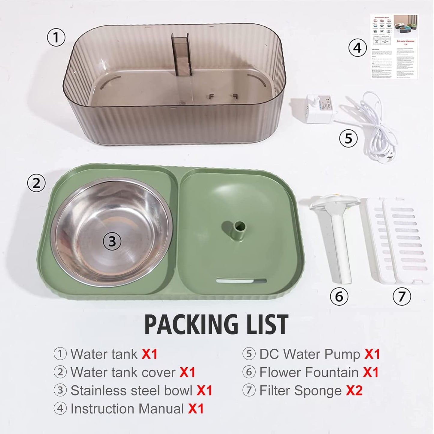 Cat Fountain Water Bowl Stainless Steel, 101Oz/3L Automatic Pet Water Fountain, Dog Water Dispenser Cat Feeding Watering Supplies with 2 Filters for Cats, Dogs, Pets Green