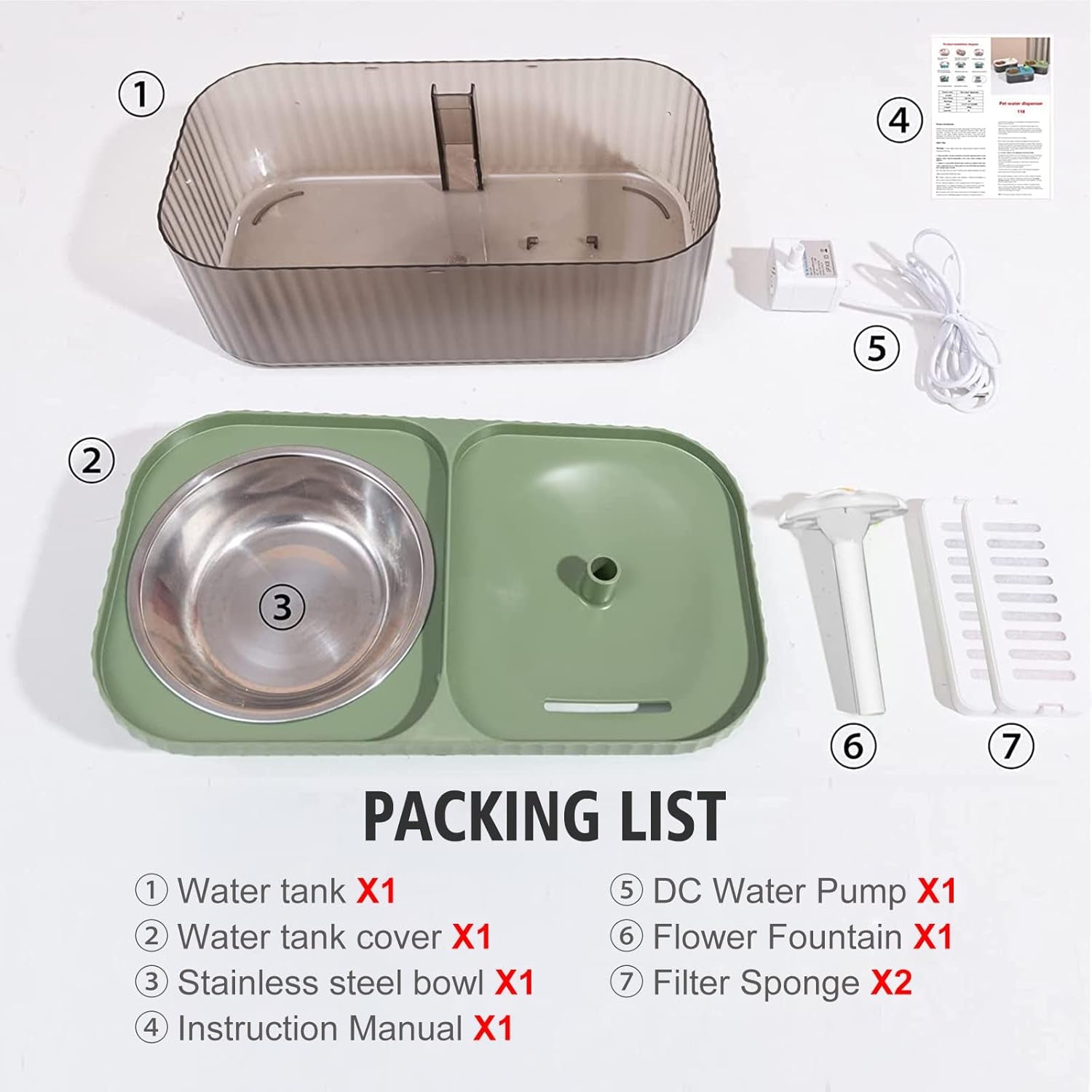 Cat Fountain Water Bowl Stainless Steel, 101Oz/3L Automatic Pet Water Fountain, Dog Water Dispenser Cat Feeding Watering Supplies with 2 Filters for Cats, Dogs, Pets Green
