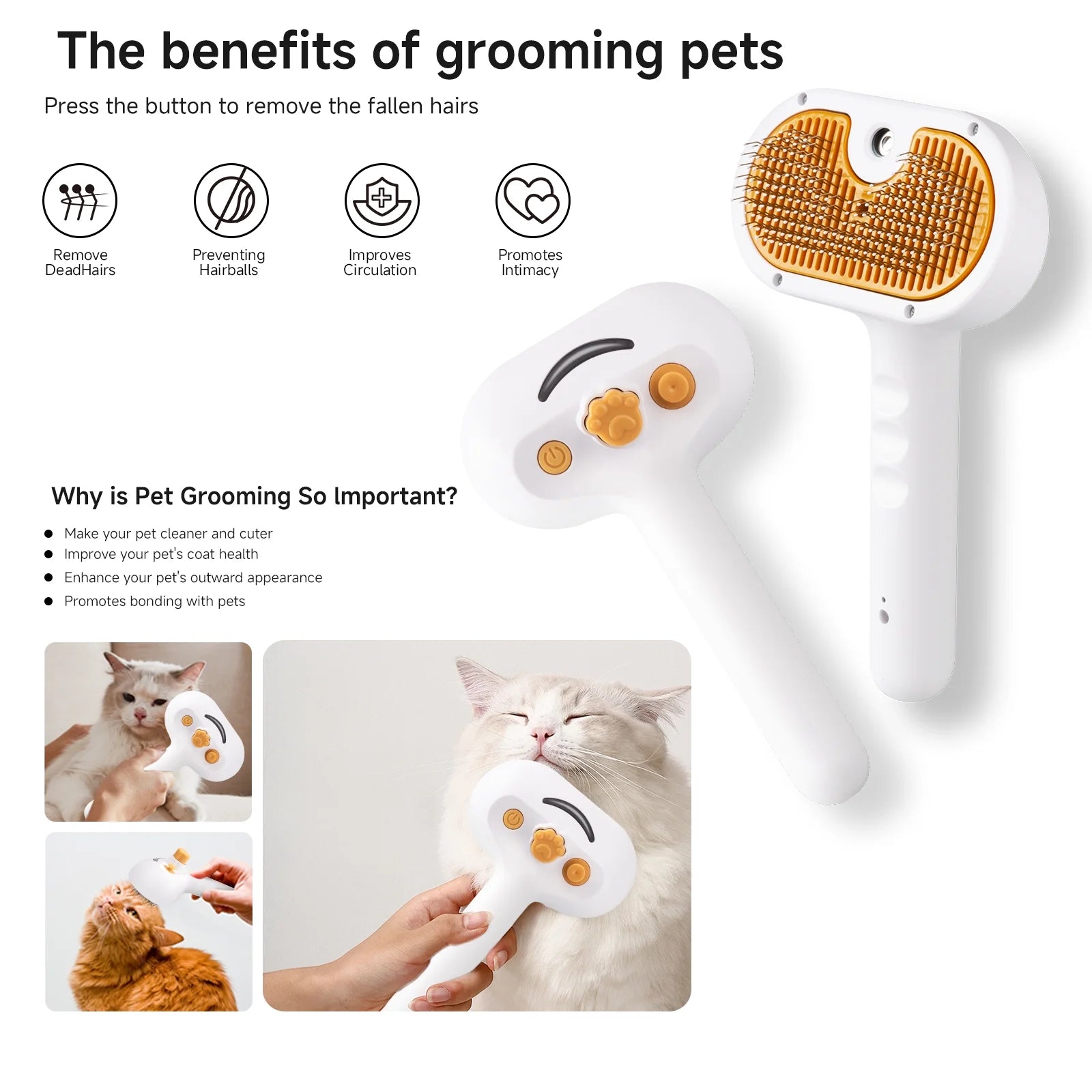 Pet Steam Brush for Dog & Cat - 3-In-1 Steam Grooming Brush for Shedding & Hair Removal - Self Cleaning Spray Comb with Mist for Long Haired Pets